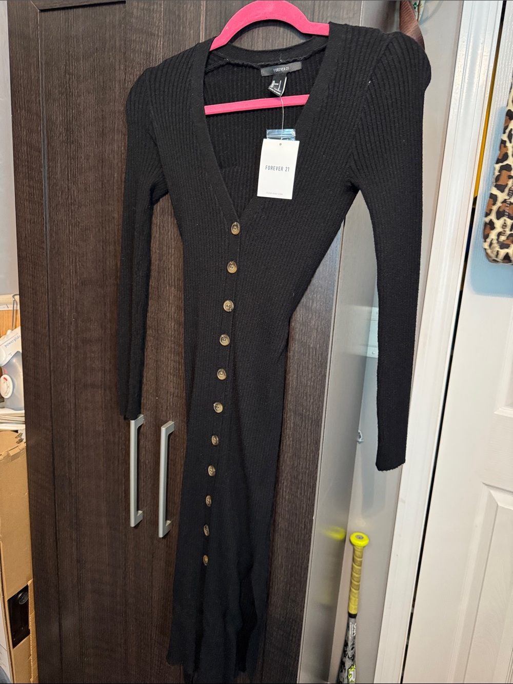 Forever 21 Black Ribbed Button-Front Maxi Dress with Puff Shoulders